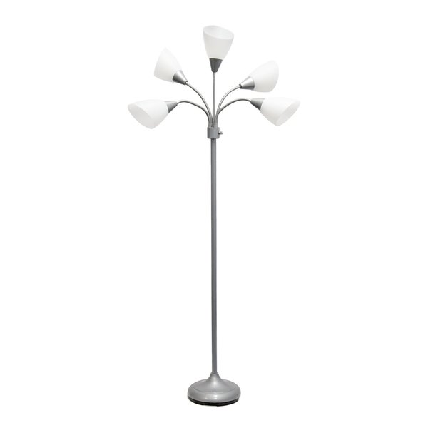 Simple Designs 5 Light Adjustable Gooseneck Silver Floor Lamp with White Shades LF2006-SVW